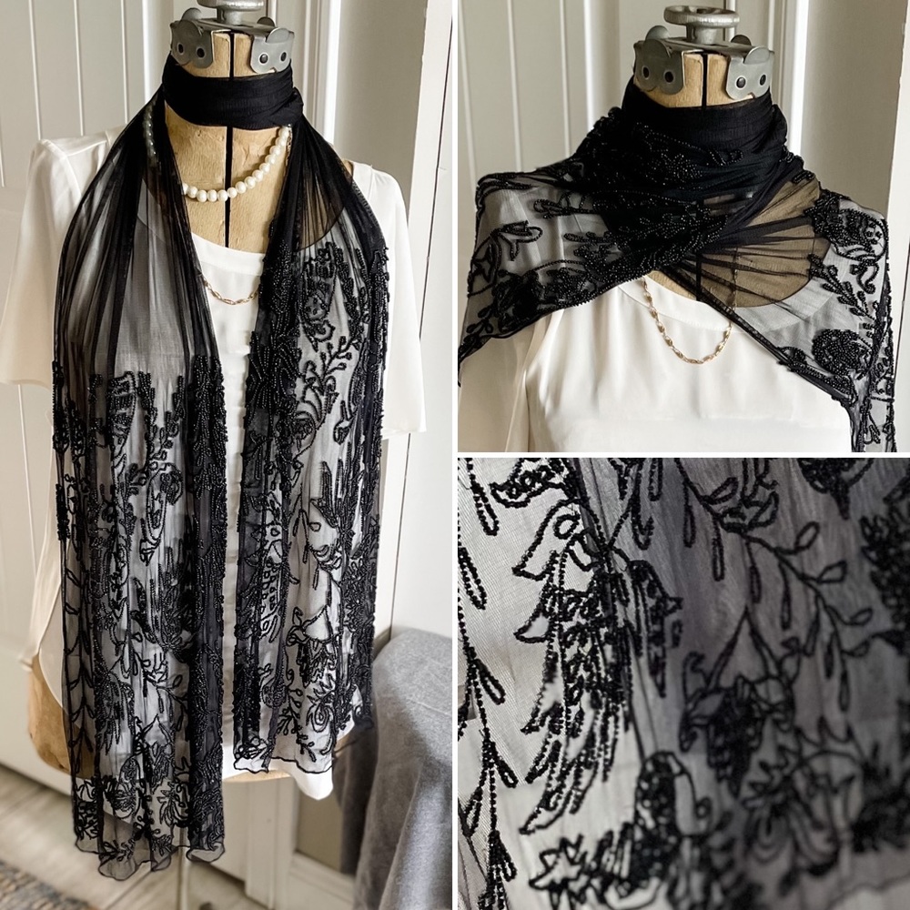 Extra long beaded black mesh scarf - dramatic & beautiful 🖤